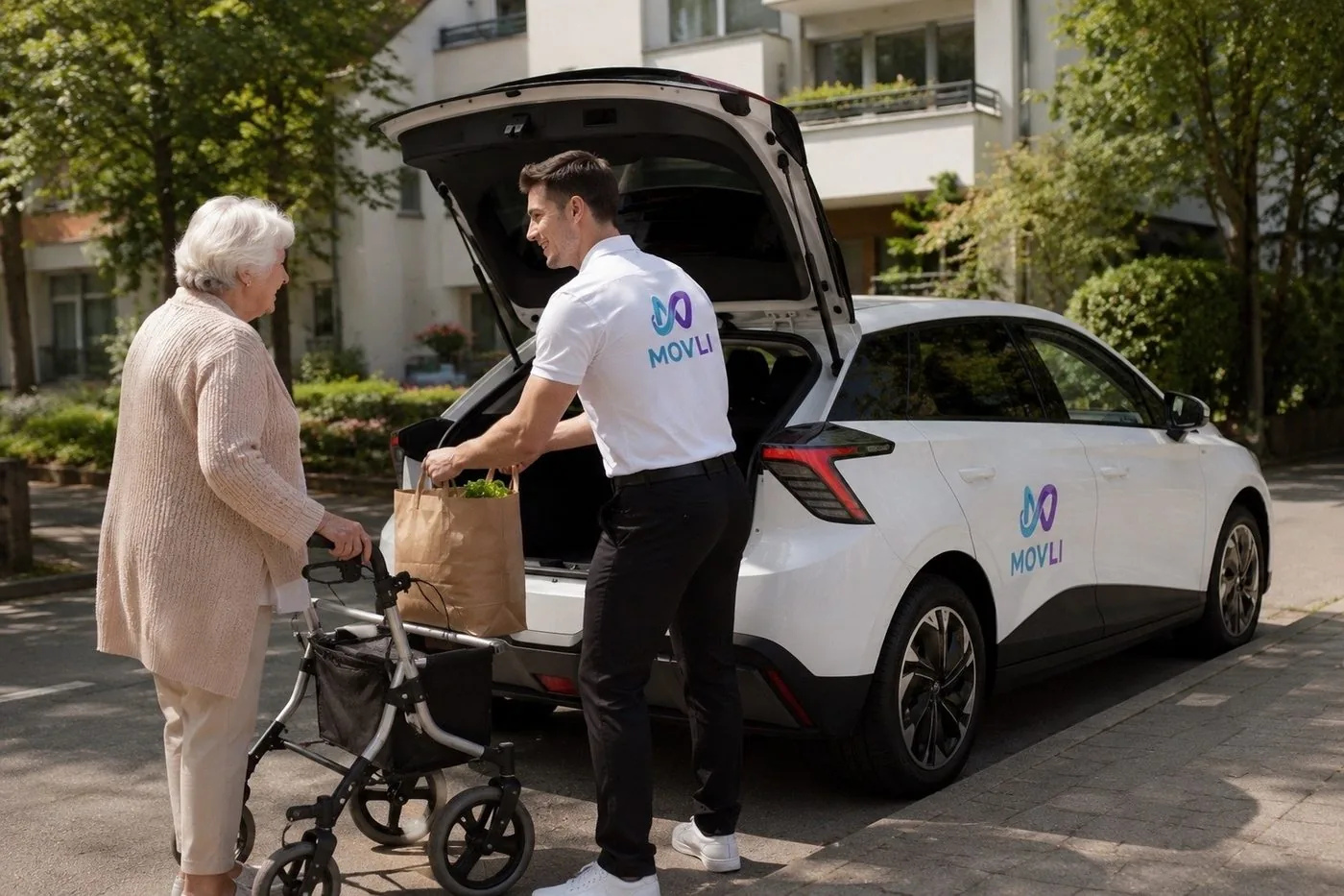 Movli Fahrer verstaut Einkaufstaschen im Kofferraum des weißen Movli Fahrzeugs, daneben eine Seniorin mit Rollator